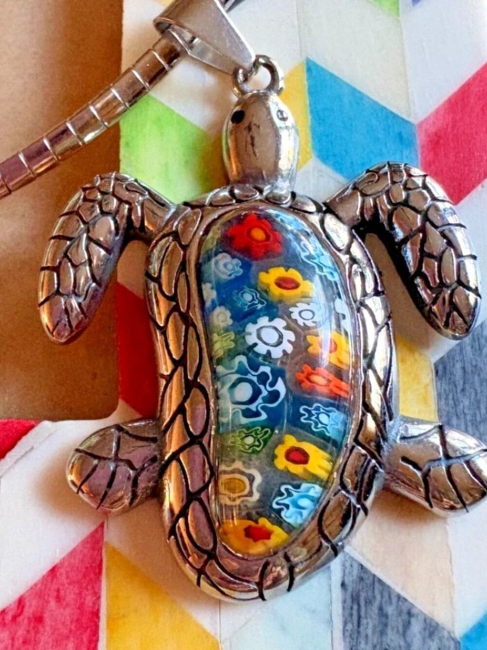Vintage Millefiori Glass Sea Turtle Pendant Necklace - Silver Tone Omega Chain